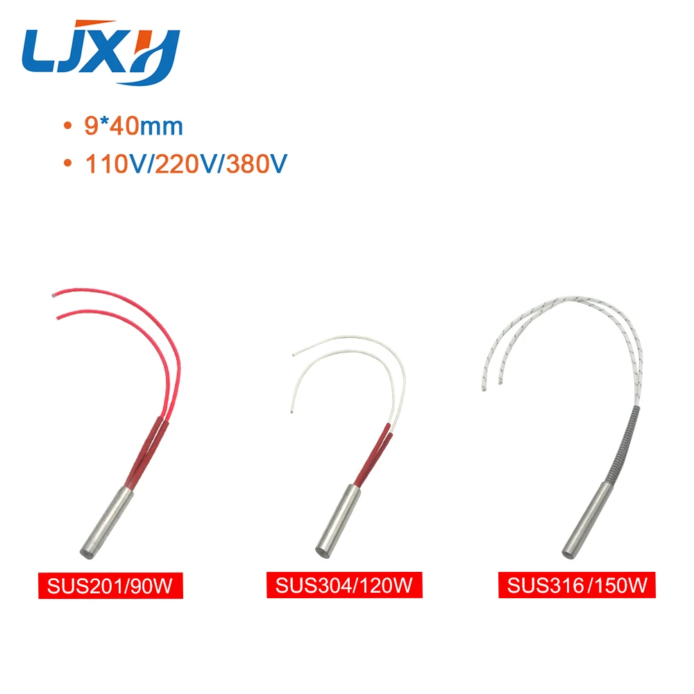 LJXH 220v Cartridge Heater Element 2pcs Single End Mould Heating Resistance Tube 9x40mm AC110/380V 90/120/150W Wire Length 30cm