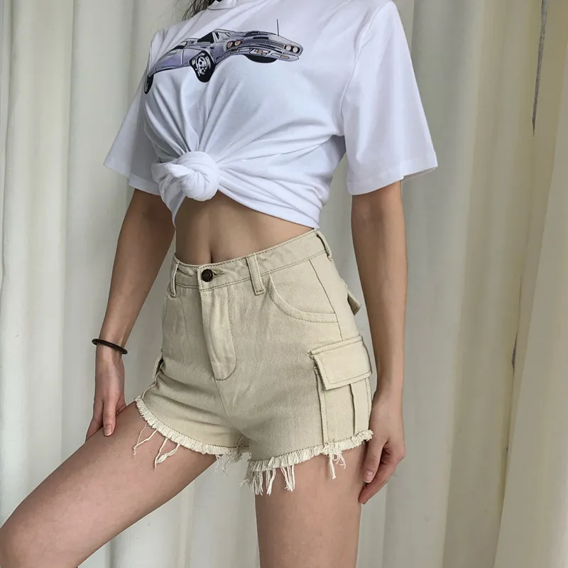 

Women Pockets Fringed Hem Shorts Khaki Green White High Waisted Cargo Shorts Femme Summer Casual Streetwear Bottom Cortos Mujer