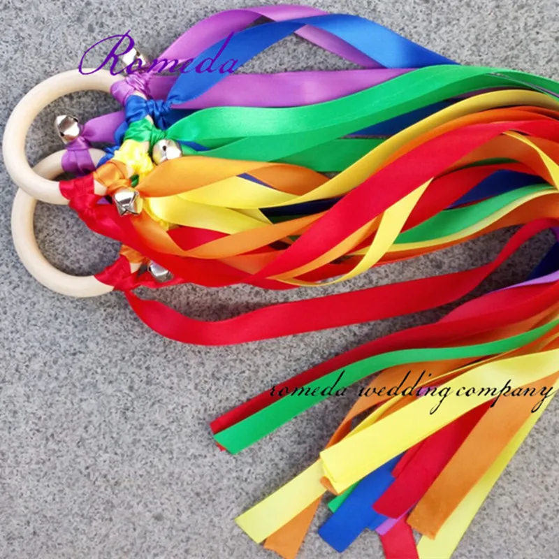 100pcs/lot Rainbow Color Stain ribbon  Waldorf Ribbon With Bell Hand Kite Toy  Birthyday Party Favors