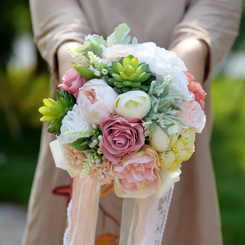 Artificial White Flower Wedding Bouquets Bride Holding Succulents Champagne rose combination For wedding decoration