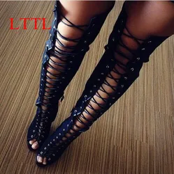 LTTL Hot Selling Sexy Women Suede Lace-up Thigh High Boots Peep Toe Cut-out Strappy Gladiator Heels Over the Knee Autumn Boots