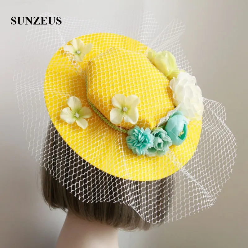 Bright Yellow Hats for Girls Flowers High Quality Wedding Hair Accessories White Tulle Face Veil Holloween Party Hats  SH10