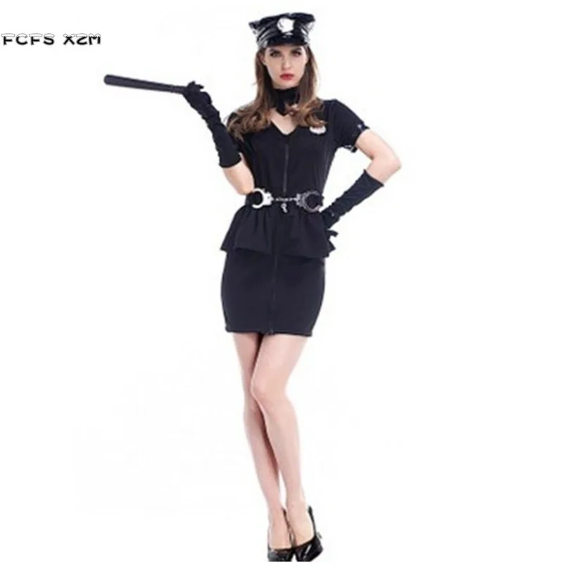 Black Halloween Costumes for Women Female Policewoman Uniforms Cosplay Purim Carnival Christmas Nightclub Masquerade Party Dress