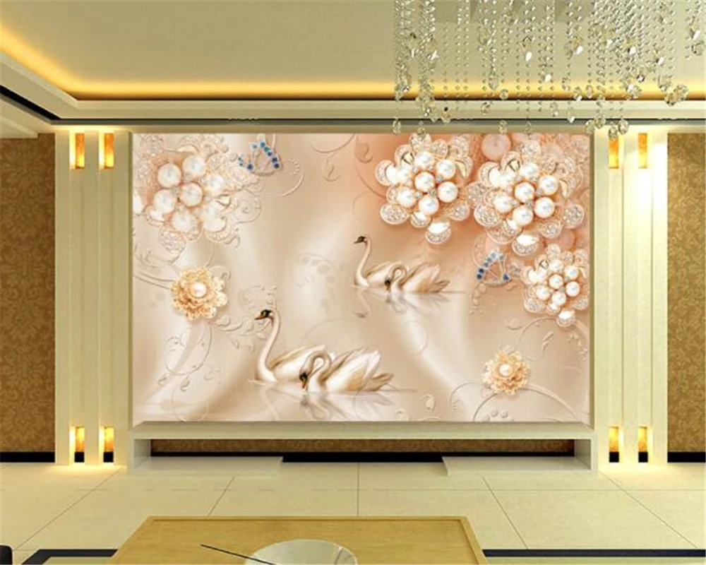 

Beibehang Custom wallpaper 3d luxury European silk pearl flower swan wallpaper living room bedroom TV background 3d wallpaper