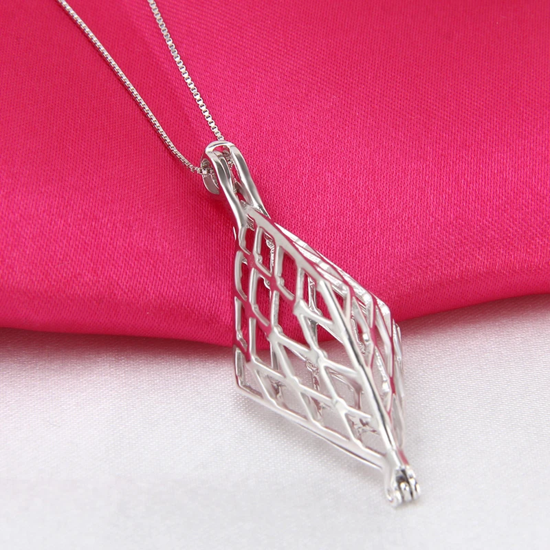 CLUCI 3pcs 925 Sterling Silver Rhombus Cage Pendant Women Necklace Jewelry Accessory Silver 925 Big Pearl Locket SC180SB
