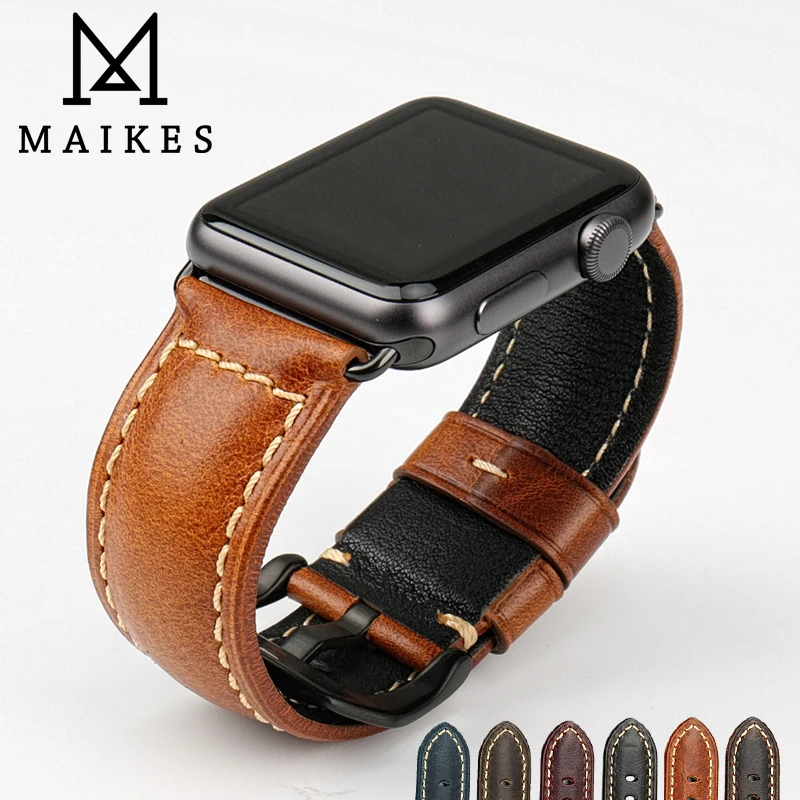 MAIKES Vintage Genuine Leather Band Accessories For Apple Watch Strap 45mm 41mm 44mm 40mm 42mm 38mm Series 7 6 iWatch Watchbands