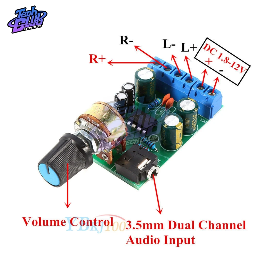 TDA2822 TDA2822M Amplifier Board DC 1.8V-12V 2.0 Channel Stereo Mini AUX Audio Amplifier Module AMP with 50K Ohm Potentiometer