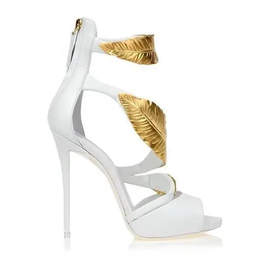 Gullick Big Size Gold Leaves Sandals High Heel Cut Outs Ankle Wrap Open Toe Summer Dress Shoes Zipper Thin Heels Cage Shoes