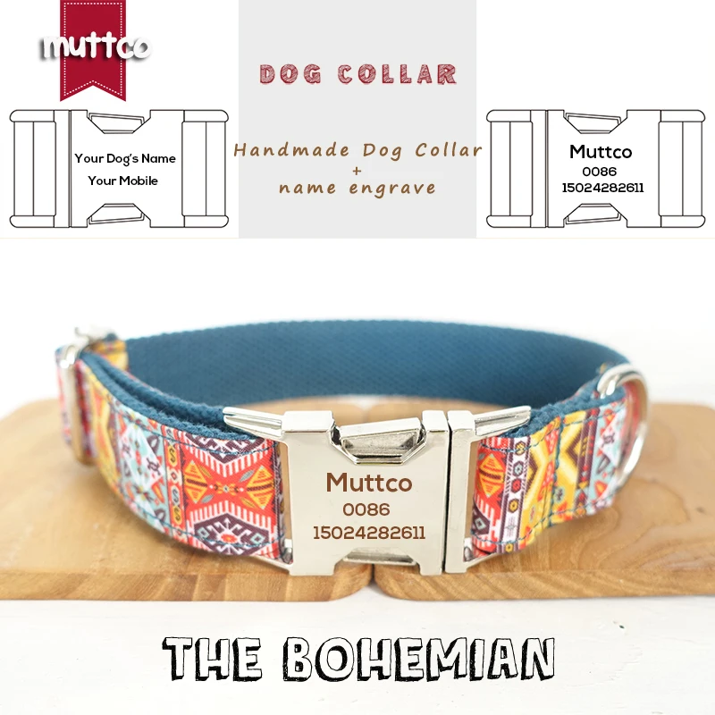 MUTTCO retailing handmade timeproof engraved pet name dog collar THE BOHEMIAN creative ethnic style dog collar 5 sizes UDC050