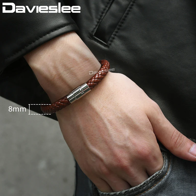 Davieslee Bracelets for Men Black Brown Braided Cord Rope Stainless Steel Clasp Man-made Leather Mens Bracelet 4/6/8mm LLBM118A