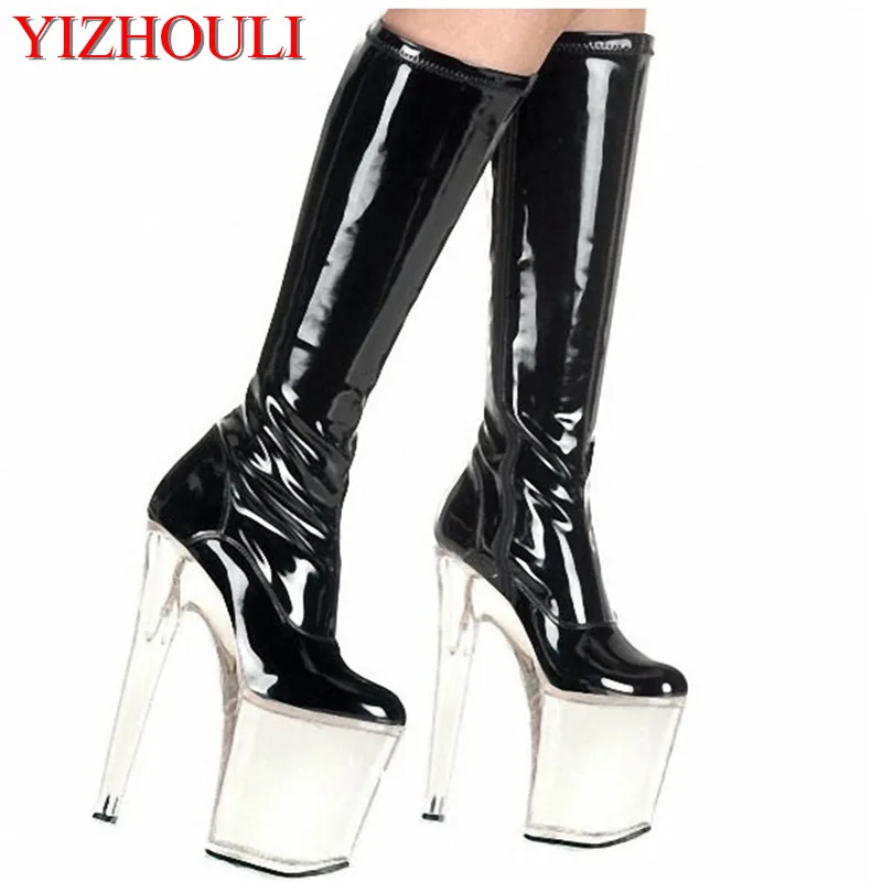 20cm Spring and autumn women's shoes PU high boots, comfortable transparent crystal sole, stage show dance shoes