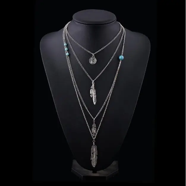 New Brand Fashion Boho Multilayer Feathers Bijoux Charm Necklaces Beads Maxi Necklace Jewelry N60