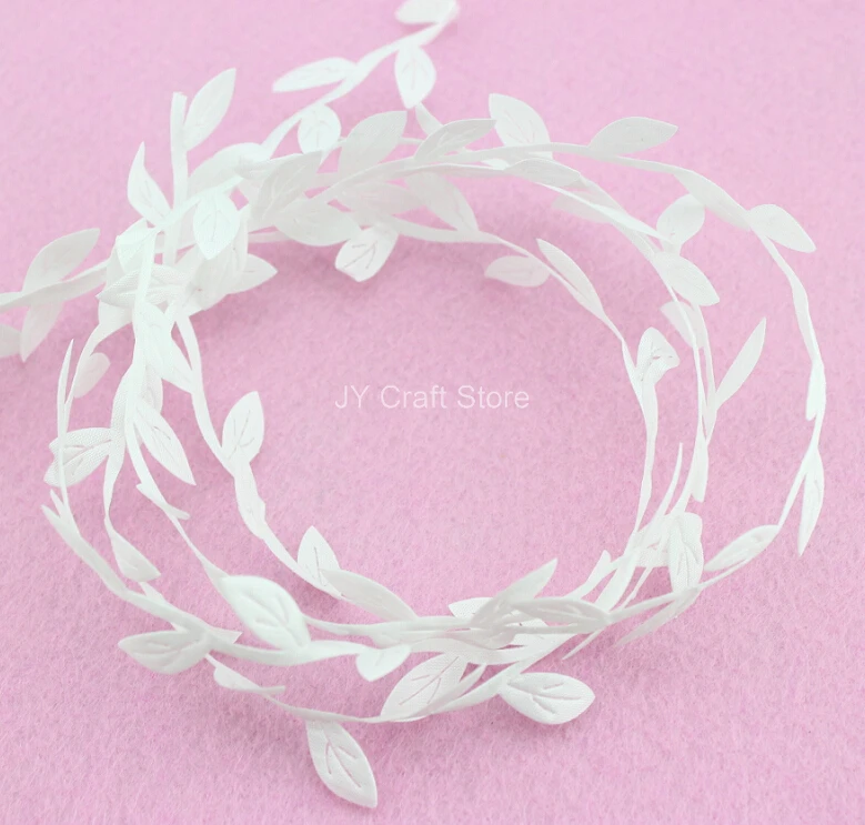 200yard/lot Cut Out White Leaves Ribbon Green Vine for home decor projects, spring wedding bouquets handmade cards