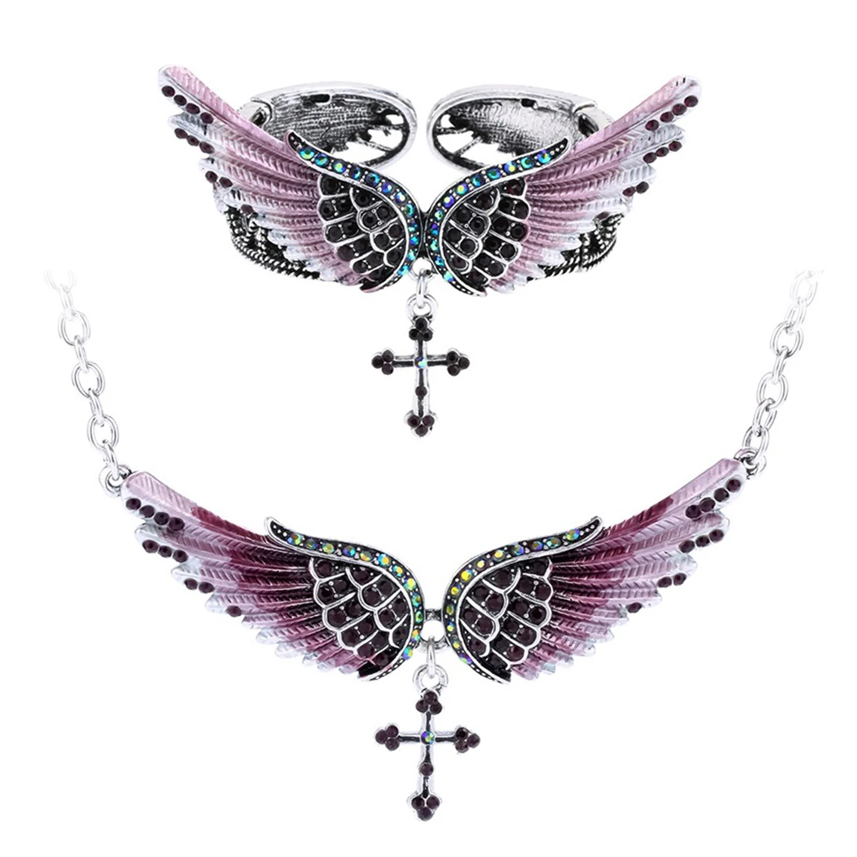 Angel wing cross necklace bracelet sets women biker jewelry birthday gifts women her girlfriend wife mom dropshipping NBNC01