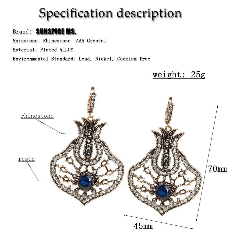 SUNSPICEMS Maroc Vintage Long Drop Earring For Women Ethnic Wedding Jewelry Turkish Antique Gold Color Rhinestone Drop Earring