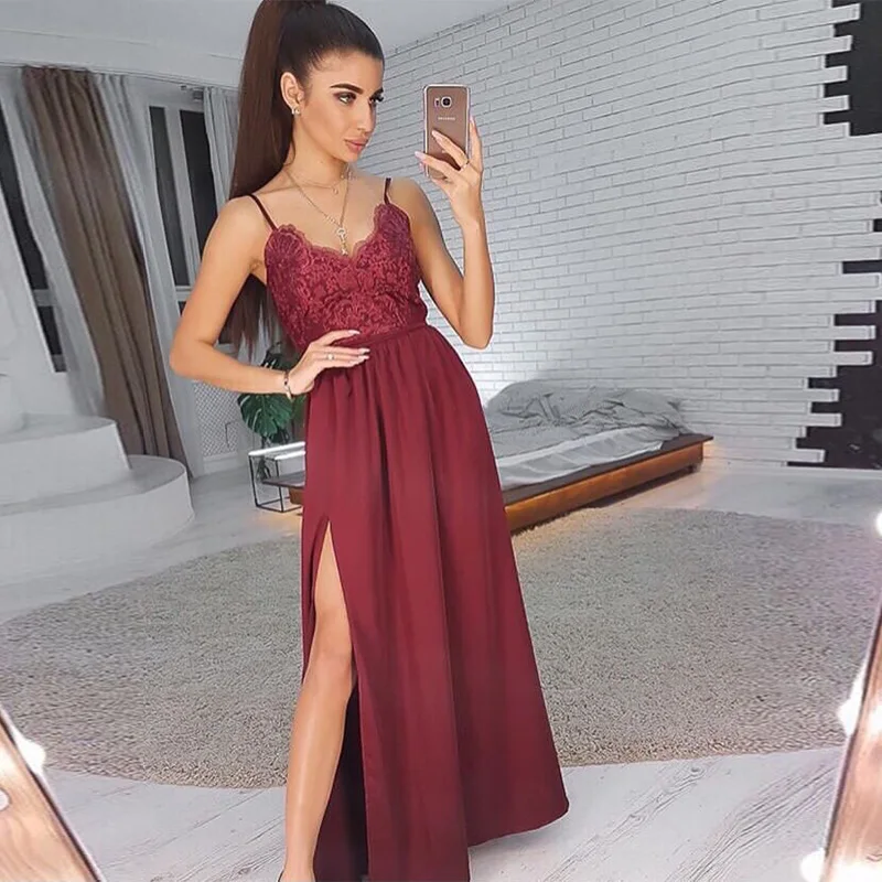 

Sexy V-neck Burgundy Evening Dresses Spaghetti Straps Long Chiffon vestido de noite Front Split Women Formal Evening Party Dress