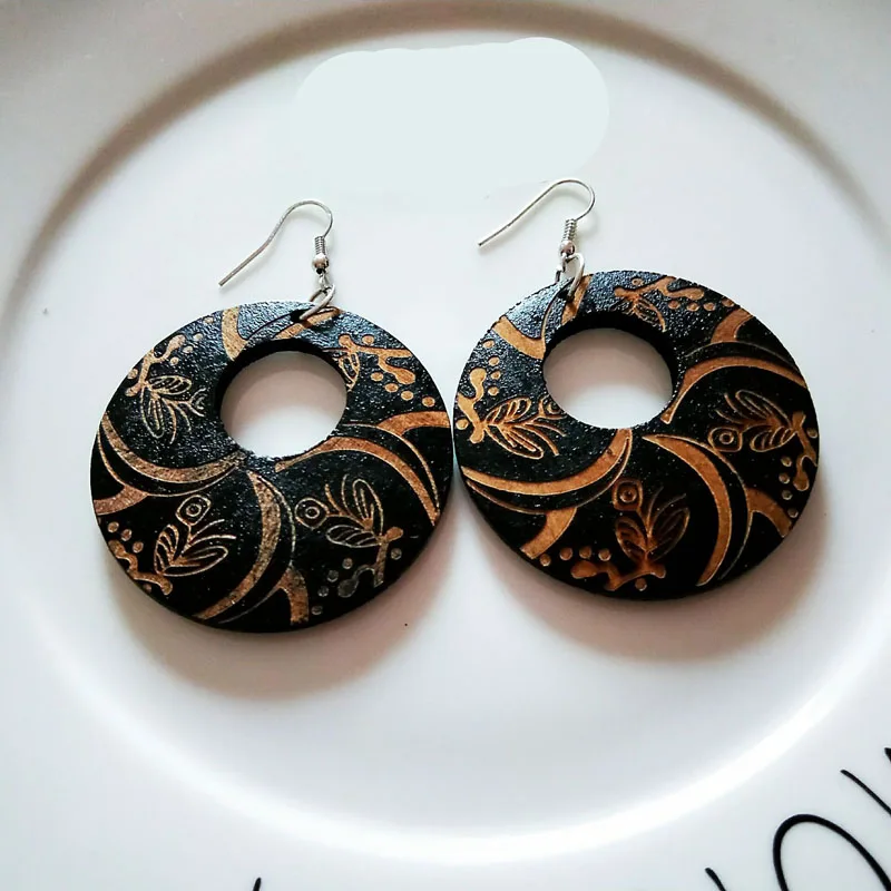 Black Wood Round Africa Handmade Engraved Flower DIY Tribal Earring Wooden Vintage Ethnic Accessories Ear African Boho Jewelry