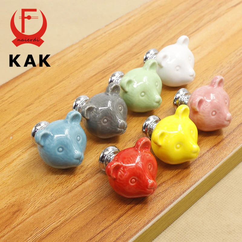 KAK Ceramic Bear Drawer Knobs 3D Cartoon Cabinet Cupboard handles Novelty Creative 7 color Fashion Furniture Handles Hardware