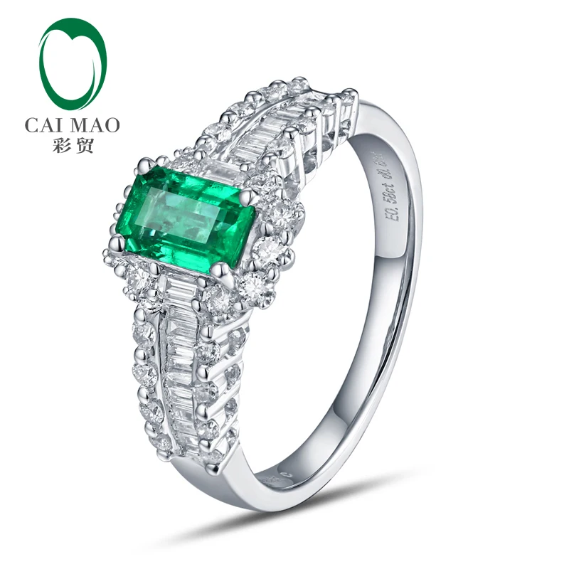 

CaiMao 18KT/750 White Gold 0.68 ct Emerald & 0.68 ct Round Cut& Baguette Diamond Engagement Gemstone Ring Jewelry