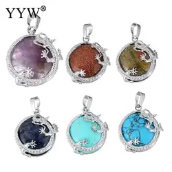 Gemstone Pendants Women Chinese Dragon Pendant Natural Stone Purple Crystal Quartz Tiger Eye Flat Round Beads Necklace Jewelry