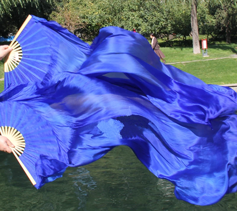 Velos de seda para danza del vientre, auténtica abanicos de seda, tamaño 1,8x0,9 m, abanicos de seda pura para bailar, color azul, 1 par (L + R), a la venta