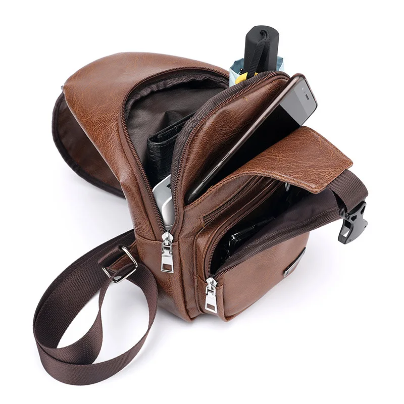 2024 New Men Back Pack Chest Pack Single Shouler Rucksack England Chest Bag Shoulder Cross Body PU Leather External USB Charger