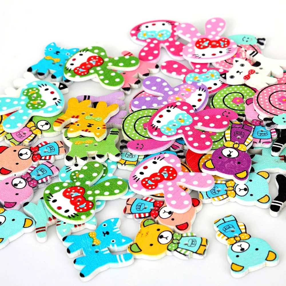 Colorful 50PCs Round/Animal Natural Wood Buttons Mix Shape Pattern Decorative Buttons 2-Holes Fit Sewing Scrapbooking Craft DIY