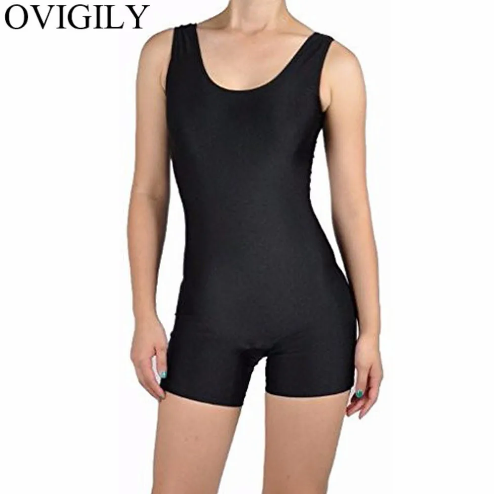 OVIGILY Women's Tank Gymnastics Biketard Adults Black Short Unitard Spandex Dancewear Fitness Biketards Shortall for Cycling