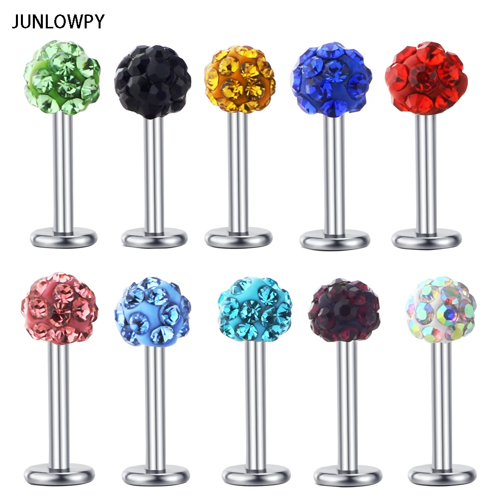 

JUNLOWPY Labret Ring 16G 6/8/10mm Crystal Ball Surgical Stainless Steel Ball Tragus Bar Ear Body Piercing Jewelry Lip Ring 30PCS