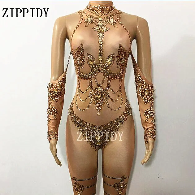 Macacão com pedras douradas nude sexy, macacão grande com strass elástico, roupa para show de dança, boate, festa sexy de palco, uma peça