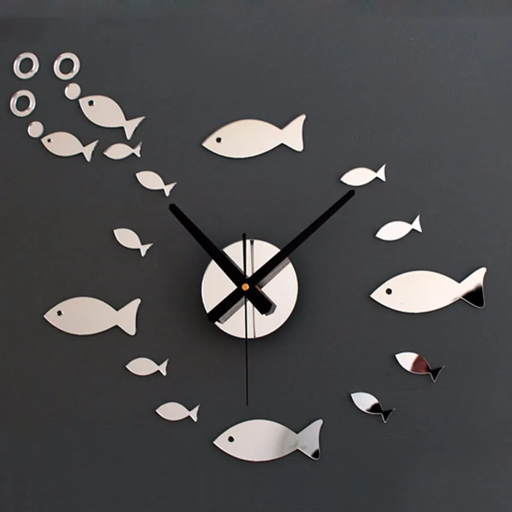 DIY Creative Modern Art Wall Clock Small Fish Shape Mirror Mural Sticker Acrylic Plexiglass House Moving Home Decor Gift