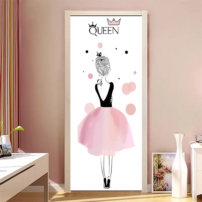 90x200cm/77x200cm Simple European Door Stickers For Living Room Bedroom Quee Dress Girl PVC Poster Waterproof Renew Decor Decal