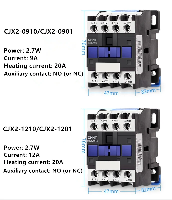 CJX2-0910/CJX2-0901 AC Contactor 9A 3 Phase 3-Pole NO Coil Voltage 380V 220V 110V 36V 24V 50/60Hz Din Rail Mounted