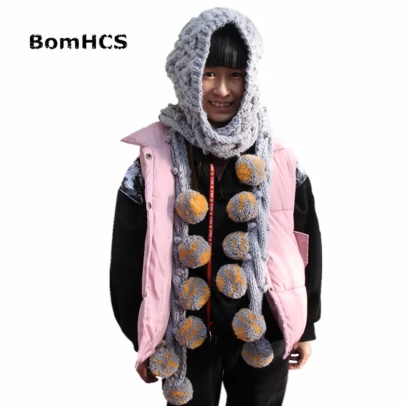 BomHCS Super Big Grey Scarf Hat & Gloves (2PCS SUIT) Cute Women Winter Warm Beanie 100% Handmade Knit Caps Mittens Gift