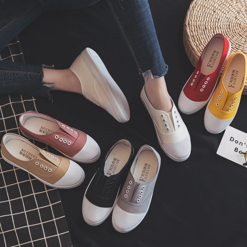 Lightweight Women Canvas Shoes Spring and Autumn Flat Female Casual Shoes Bottom Slacker Shallow Slip on Sneakers