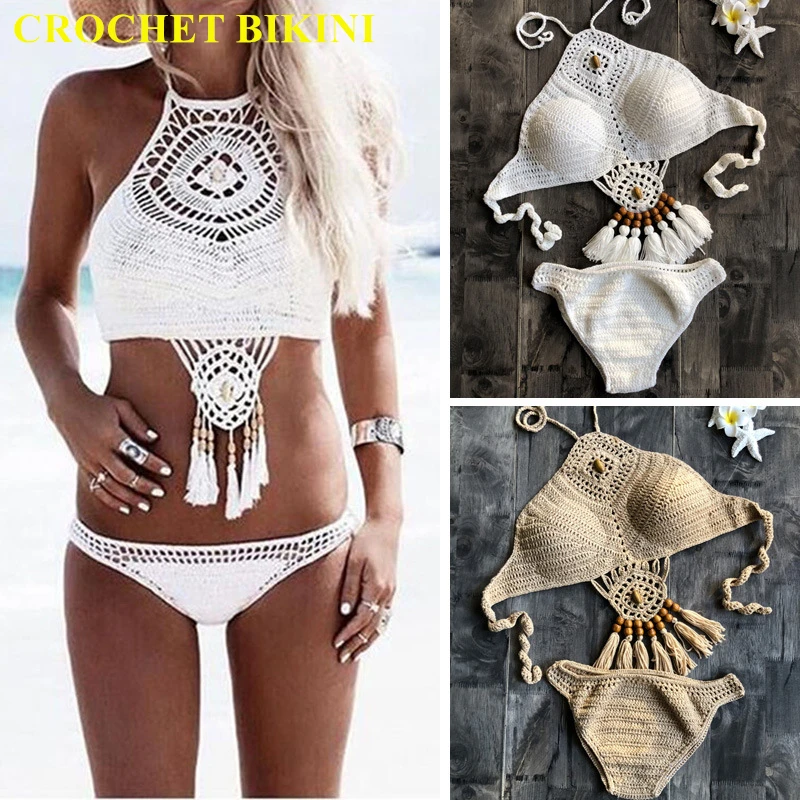 

CROCHET BIKINI 2021 New Summer Women Solid Set Sexy Halter Tie Bra Swimsuit Swimwear Triangle Bather Suit Swimming Biquini