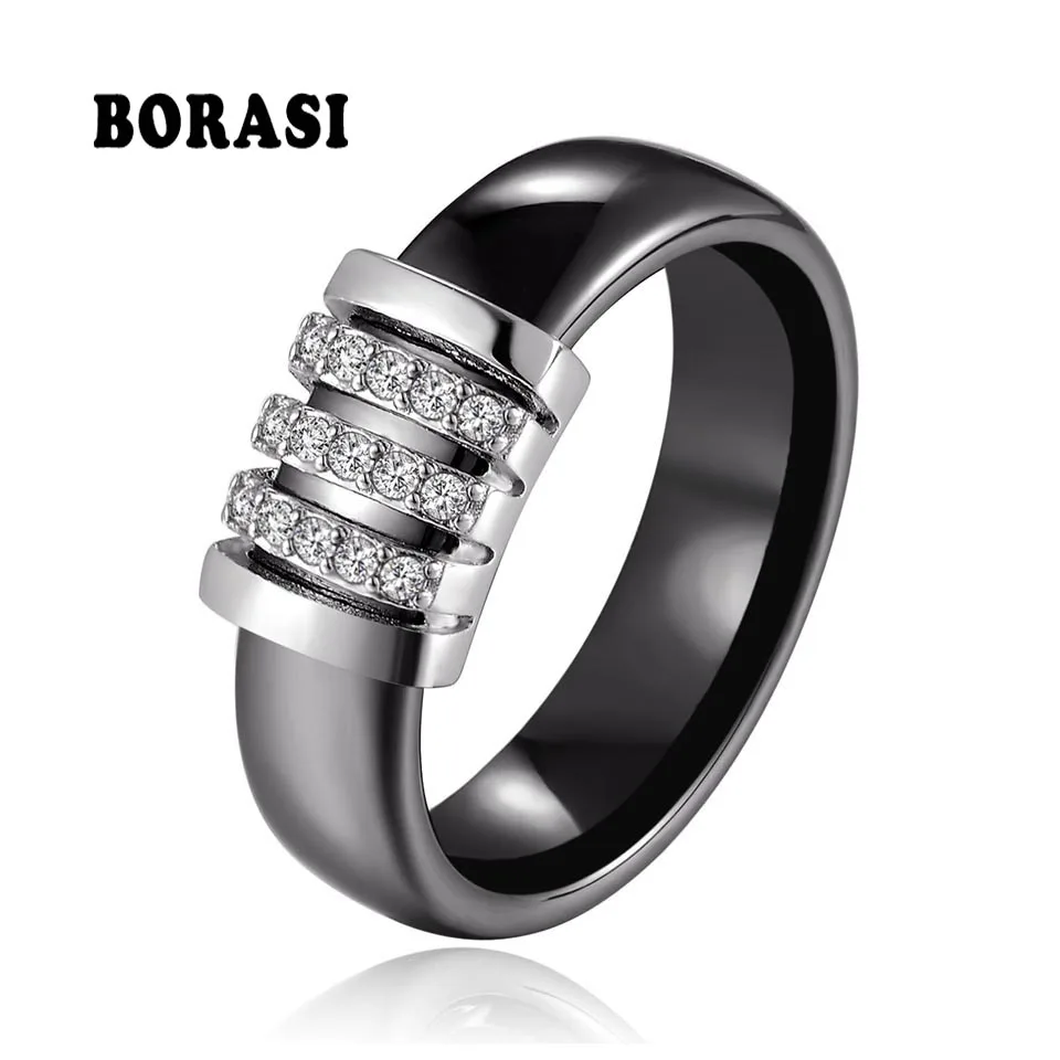 New Unique Rings Women 6mm Black White Ceramic Ring For Women India Stone Crystal Comfort Wedding Rings Engagement Brand Jewelry