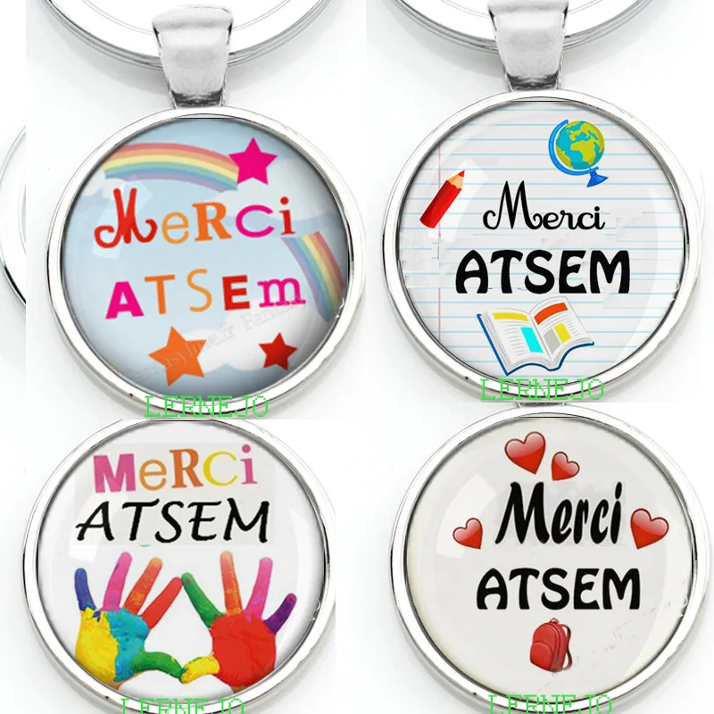 Key Chain Key Ring Merci ATSEM Porte-clés Porte-clefs Cabochon en verre Badge bonnes vacances Cadeau Une idée cadeau pour ATSE