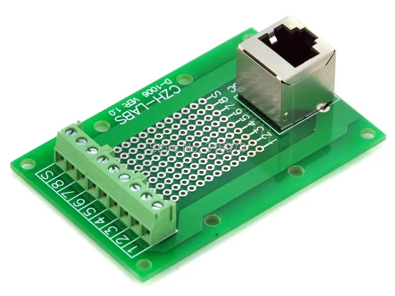RJ45 8P8C Vertical Shielded Jack Breakout Board, Terminal Block, Connector.
