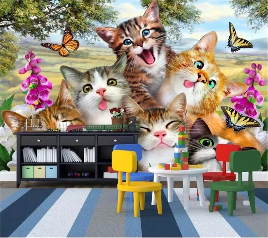 beibehang Custom wallpaper 3d mural new cute cartoon grass on a group of cat selfies like children's room wall papers home decor