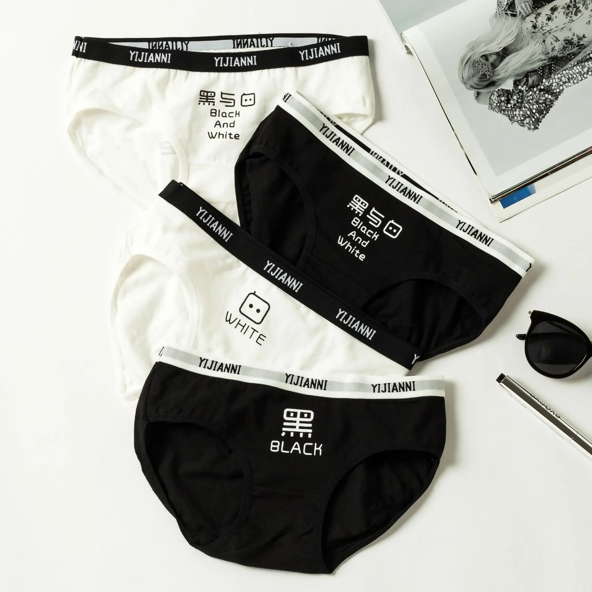 

4PCS/Lot Lady Underwear Black & White Women Girls Cotton Low-Rise Broad Side 100 % Cotton Briefs Panties Letter Print Underpants