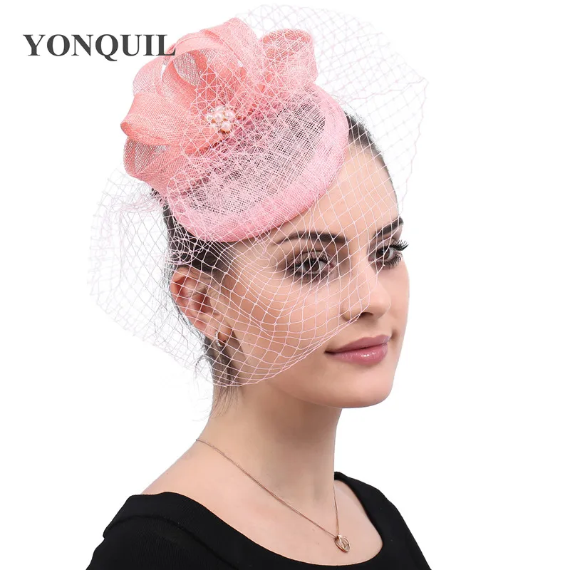 Hồng Sinamay Tóc Mạng Che Mặt Nón Đảng Nữ Nữ Fascinators Kẹp Tóc Cưới Mũ Đợi Đầu Đa Năng Thanh Lịch Cô Dâu Lưới Mũ Đội Đầu SYF510