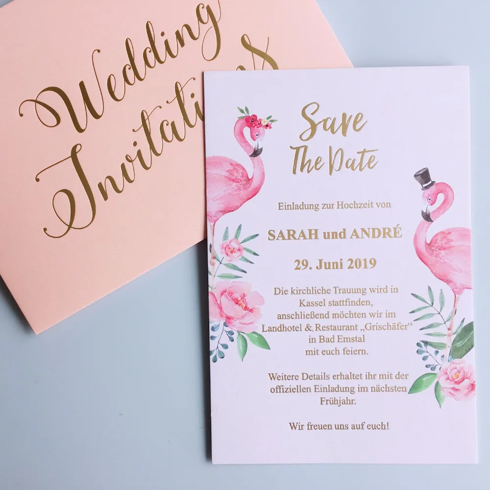 Gold Foil Printing Wedding Invitation Cards for Luxury Wedding Theme Pink Swan Invitation With Envelopes - Set of 50 pcs