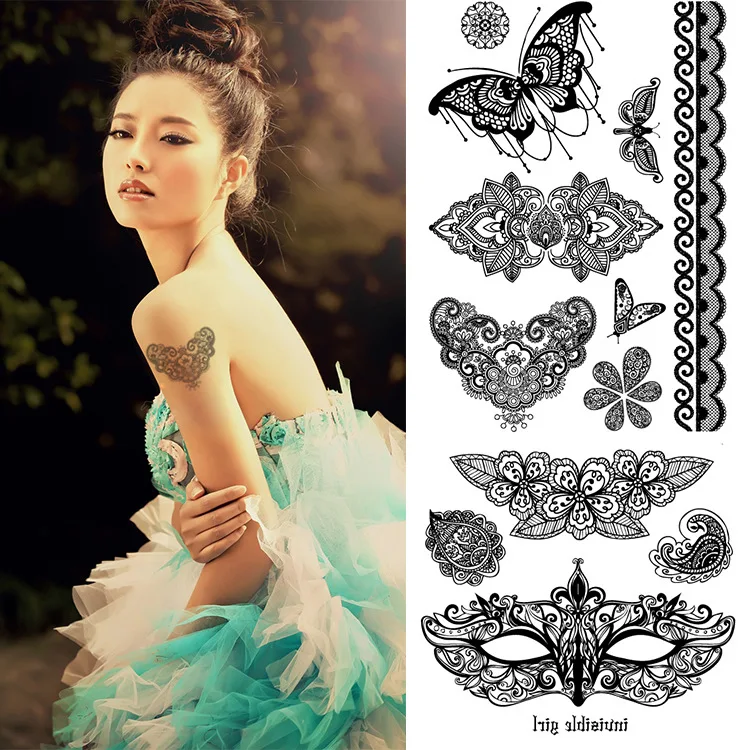 

Wholesale Latest Indian Arabic Black Henna Tattoo Paste Lace Wedding Bride Choker Tattoos Sexy Sticker 200pks/lot free shipping