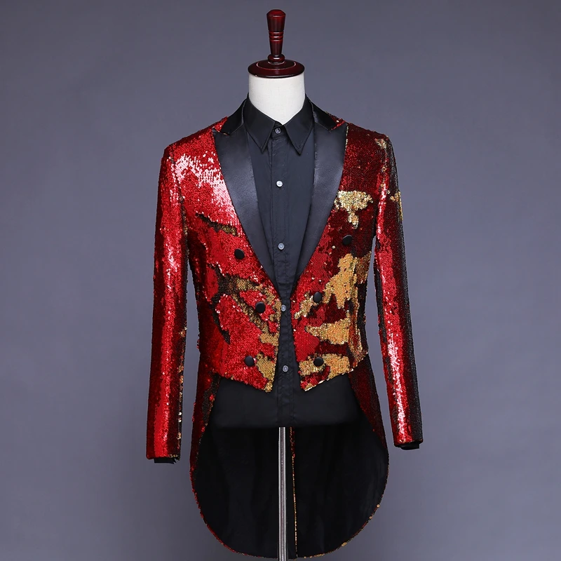 Male Double Sided Color Flipping Sequins Tailcoat Suit Jackets Prom Formal Host Stage performance Tuxedo Magician Chorus Costume