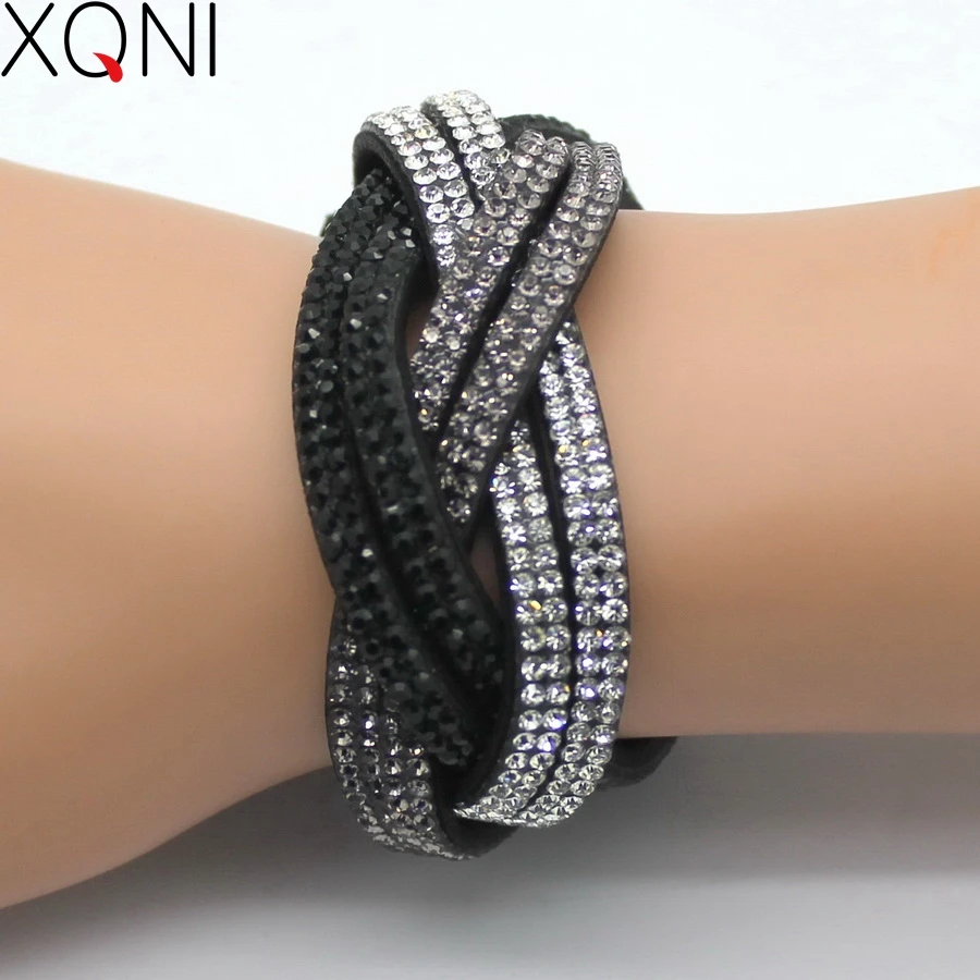 XQNI marka klasyczna kobieca skórzana bransoletka bransoletki 18cm wysokiej jakości Rhinestone Wrap urok kryształowa bransoletka damska biżuteria