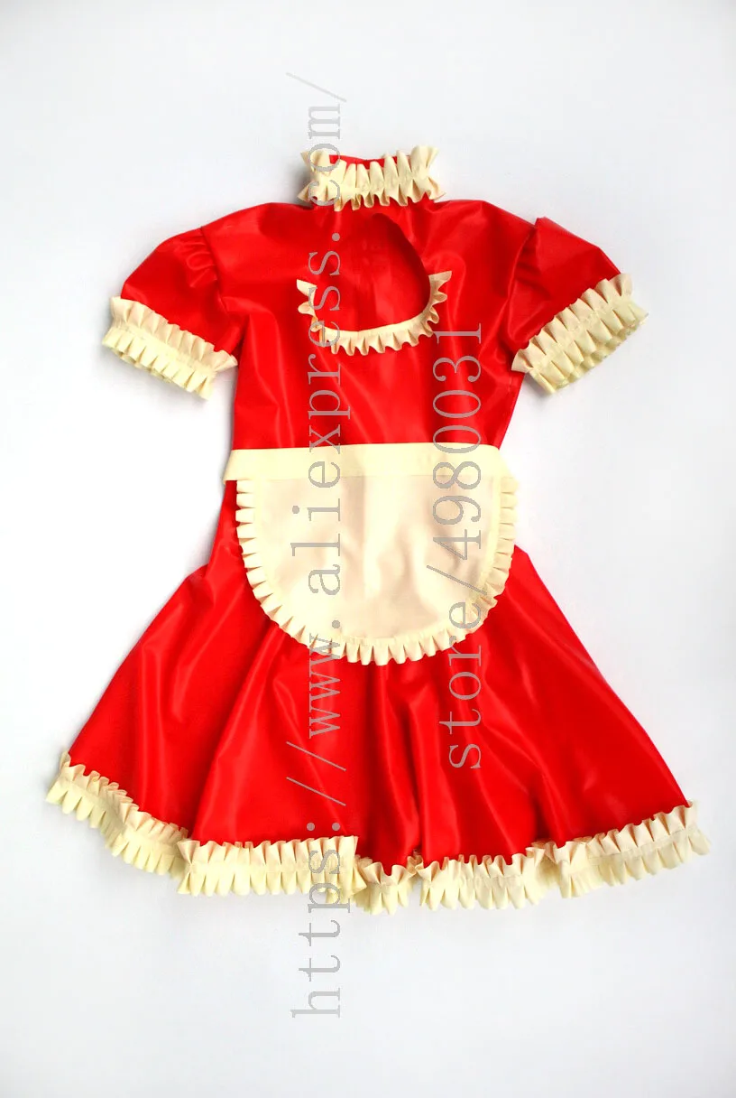 Robe de demoiselle d'honneur en latex pour femmes, uniforme rouge, avec tablier et fermeture éclair cachée au dos, nouveauté