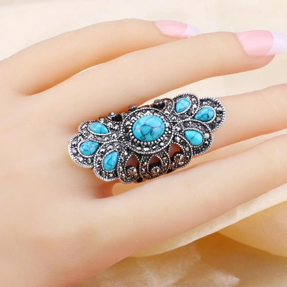 Fashion Ethnic Peacock Big Rings For Women Vintage Blue Stone Black Crystal Silver Color Ring Statement Bohemian Jewelry 2018