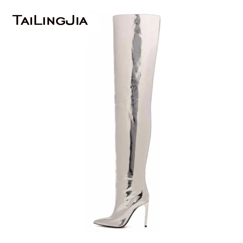 2021 Silver Metallic Thigh High Boots For Women Superstar Shoes Pointy Toe Thin Heel Mirror Patent Leather High Heel Long Boots