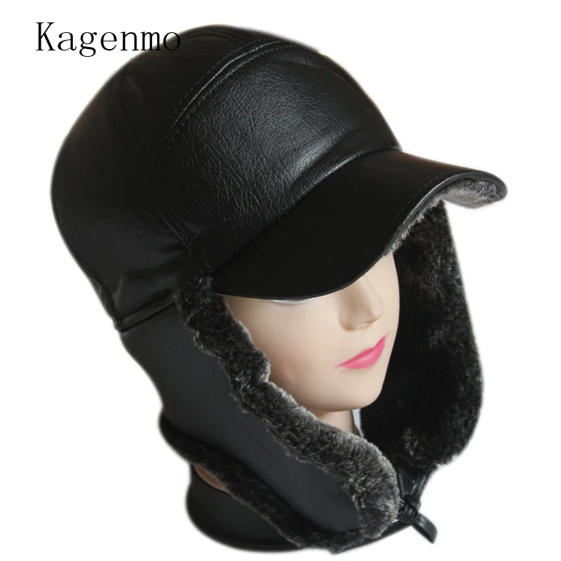 Kagenmo winter long style ear protection super warm bomber hat thickening mink baseball cap nostalgic PU leather new arrive